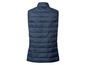 Een donkerblauwe gewatteerde vest zonder mouwen.