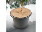 Bloempot met plant en kokosmat tegen een besneeuwde tuinachtergrond.