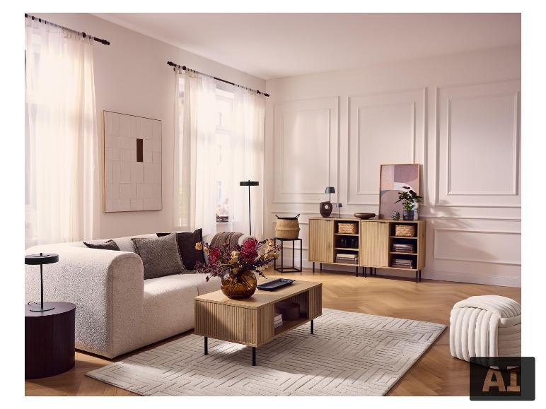 LIVARNO® Couchtisch in woonkamer met bank, vloerkleed en dressoir. [AI-gegenereerde afbeelding]