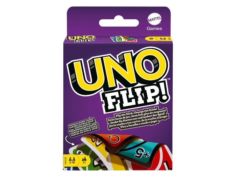 Kaartspeldoos met de tekst 'UNO FLIP!' en dubbelzijdige kaarten.