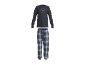 Donkerblauwe pyjama met een shirt met lange mouwen met de tekst 'GOOD MORNING BREAKFAST CLUB' en geruite broek.