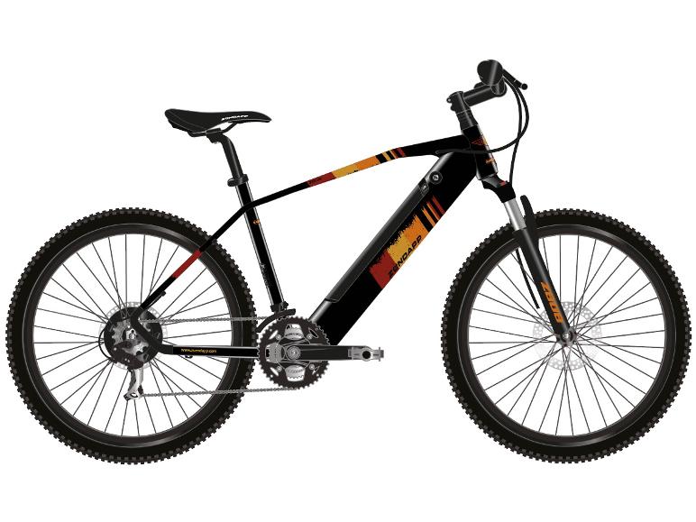 Een zwarte Zündapp elektrische mountainbike met oranje accenten.