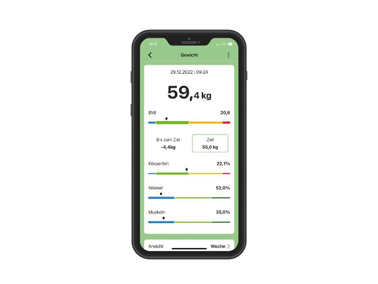 Een smartphonescherm toont een gewichtstracker-app met huidig gewicht van 59,4 kg en een doel van 55,0 kg.