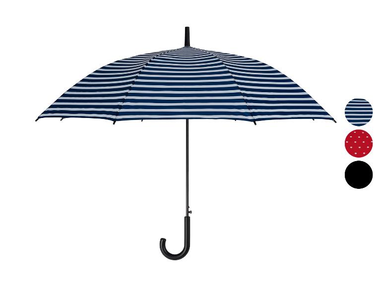 Een blauw-wit gestreepte paraplu met een zwart handvat.