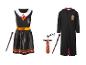 Harry Potter Griffoendor kinderoutfits, met jurk, cape, toverstaf, bril en stropdas.