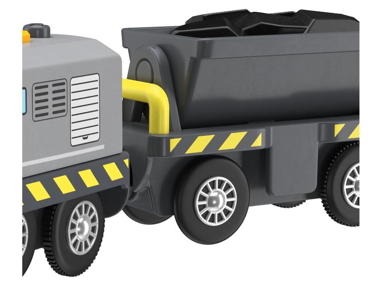 Grijze speelgoedtrein met kolenwagons en gele accenten.