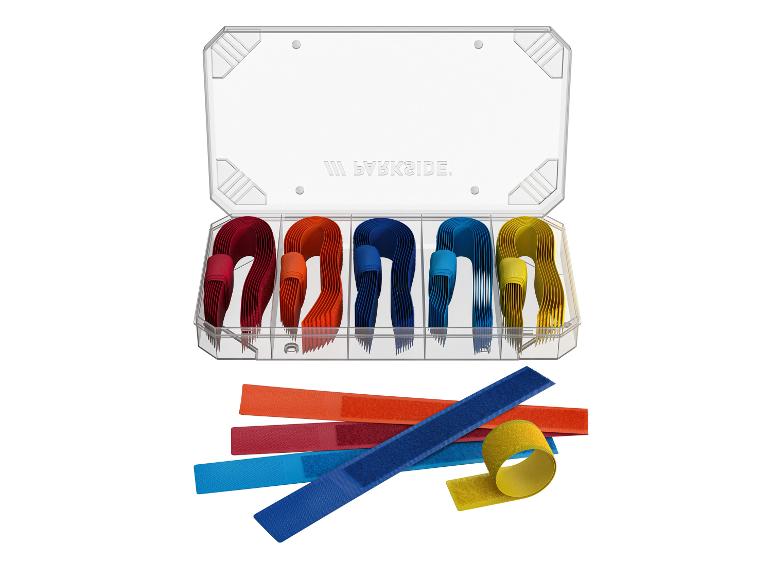 Zelfklevend klittenband in verschillende kleuren, in een doosje van het merk 'Bakside'.