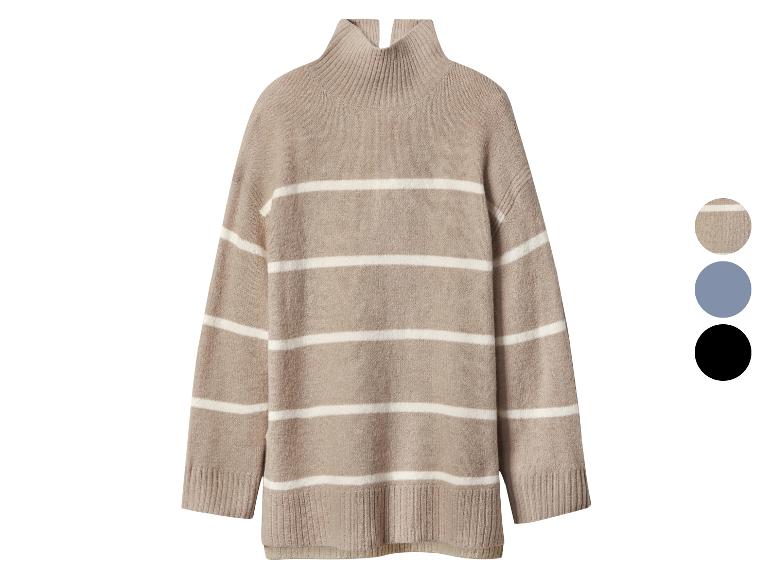 Gestreept beige gebreide trui met witte strepen en colkraag.