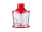 Een rode plastic blender met maatverdelingen.