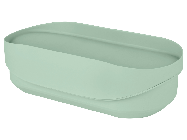 Een lichtgroene plastic doos.