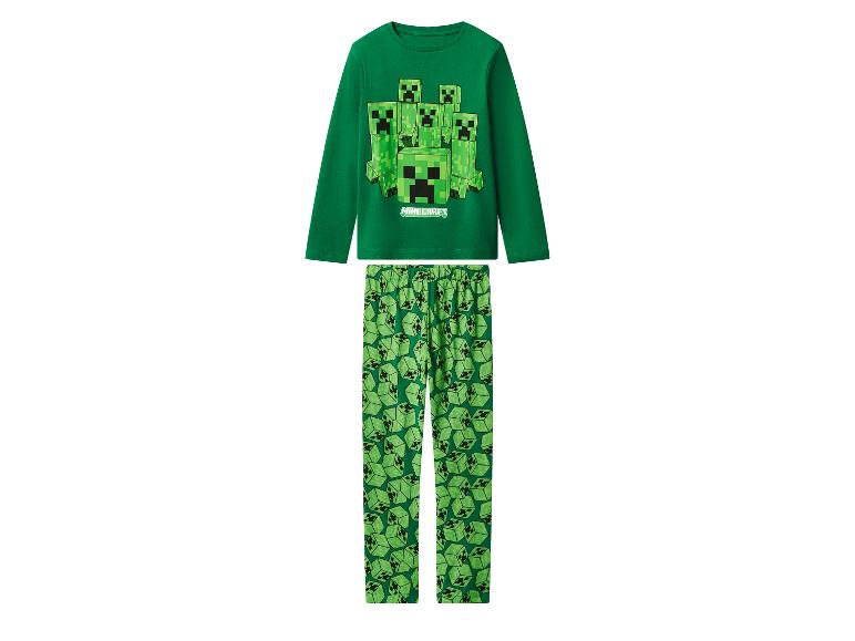 Groene Minecraft Creeper pyjama voor kinderen, met een shirt met lange mouwen en een bedrukte broek.