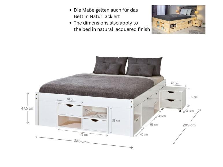 Wit opbergbed met geïntegreerde laden en een verplaatsbaar nachtkastje, met afmetingen.