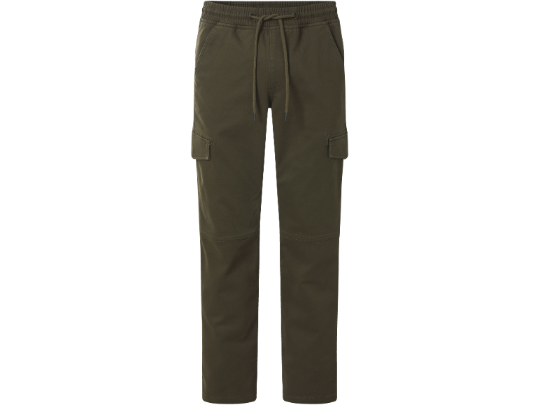 Donkergroene cargobroek voor heren met elastische tailleband en trekkoord.