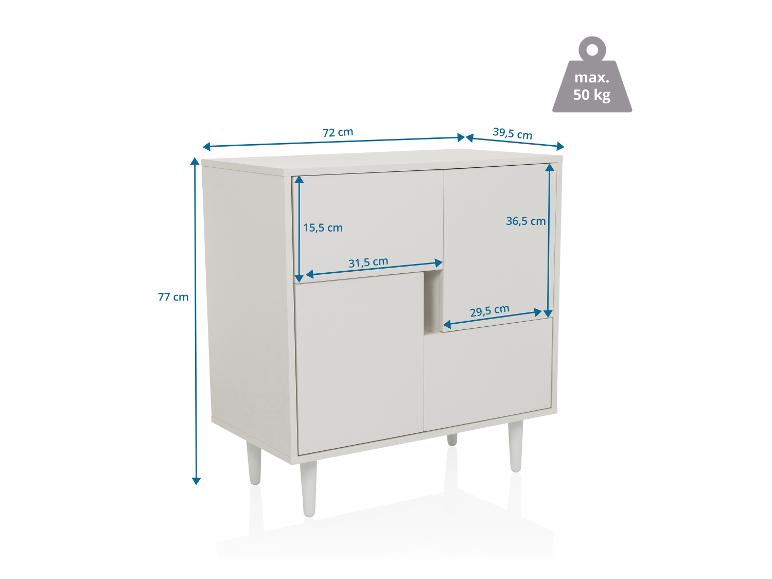Witte ladekast met dubbele deuren en open planken, afmetingen 77x72x39,5 cm, max. belasting 50 kg.