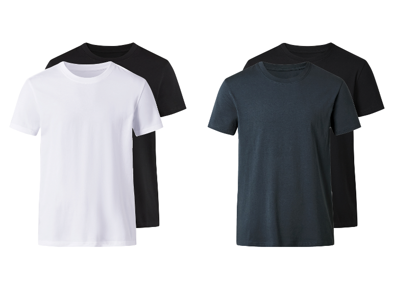 Twee paar katoenen t-shirts, een wit en zwart, een ander donkergrijs en zwart.