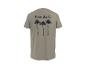 Kaki T-shirt met 'Palm Oasis' tekst en drie palmbomen op de rug.