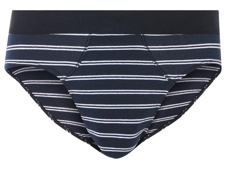 Donkerblauwe en wit gestreepte herenslip met zwarte elastische tailleband.