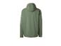 Achteraanzicht van een groene softshell jas met capuchon voor heren.