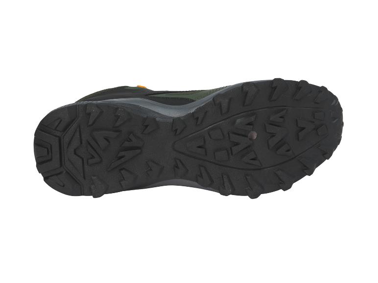 Zool van een groene en zwarte wandelschoen.