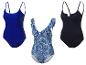 Driedelige badpakken: effen donkerblauw, paisley donkerblauw en effen donkerblauw.