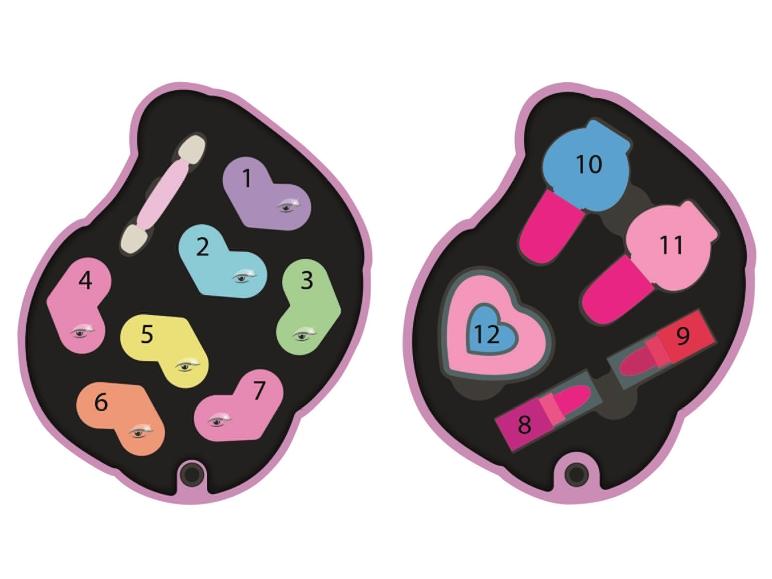 Make-up set met oogschaduw, lippenstiften en applicators in hartvormig design.