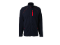 Donkerblauwe fleecejas met rode rits en rode stiksels
