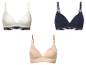 Driehoekige bh's in wit, donkerblauw en beige.