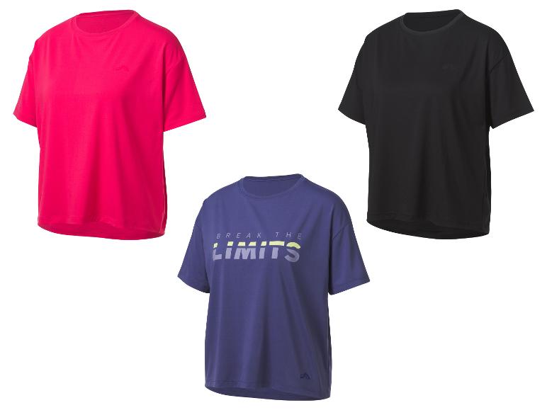 Drie sport shirts, één met 'Break the Limits' print, één roze en één zwart.