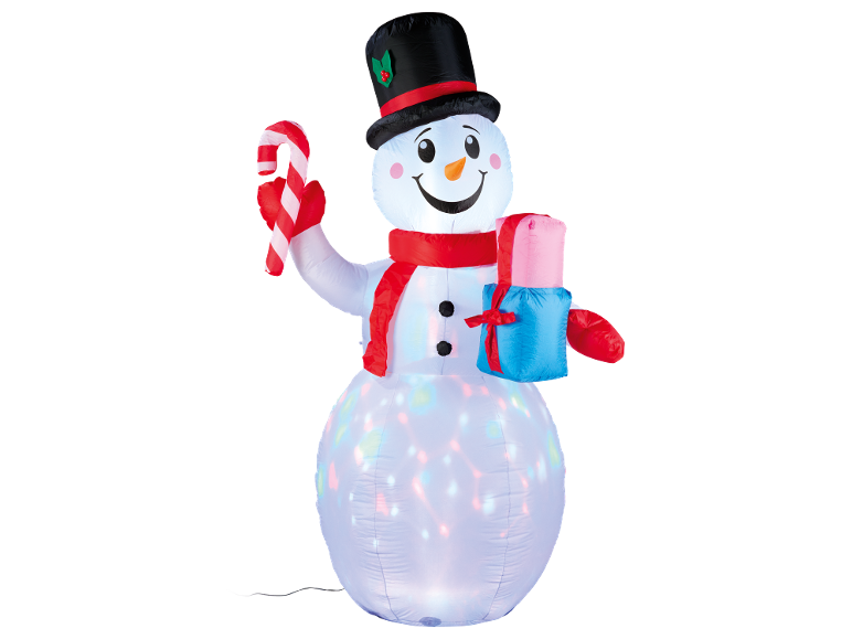 Opblaasbare kerstsneeuwpop met zuurstok en cadeau, van binnenuit verlicht.