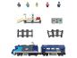 Speelgoedtreinset met locomotief, passagierswagon, rails, station, afstandsbediening en vijf minifiguren.