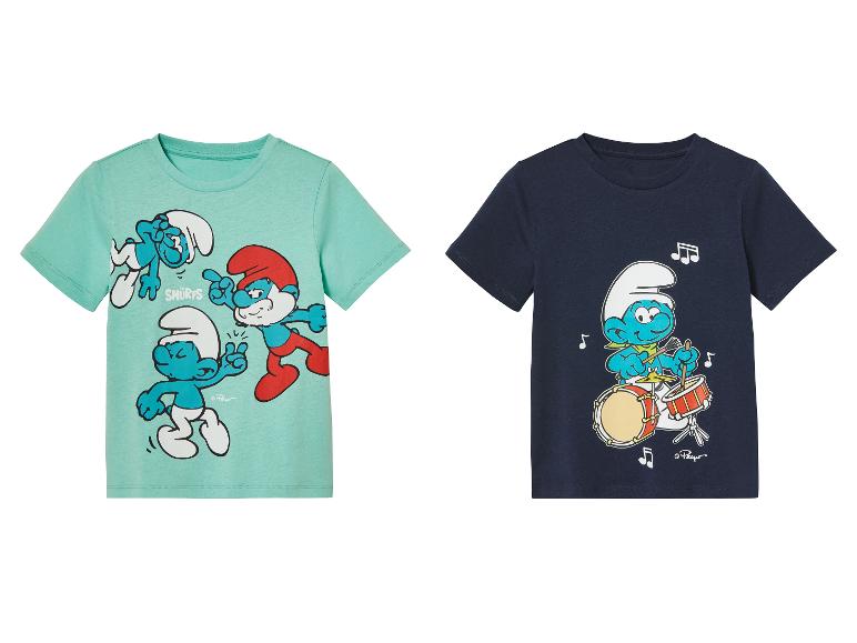 Twee Smurfen T-shirts voor jongens, één met een drumstel en één met verschillende Smurfen.