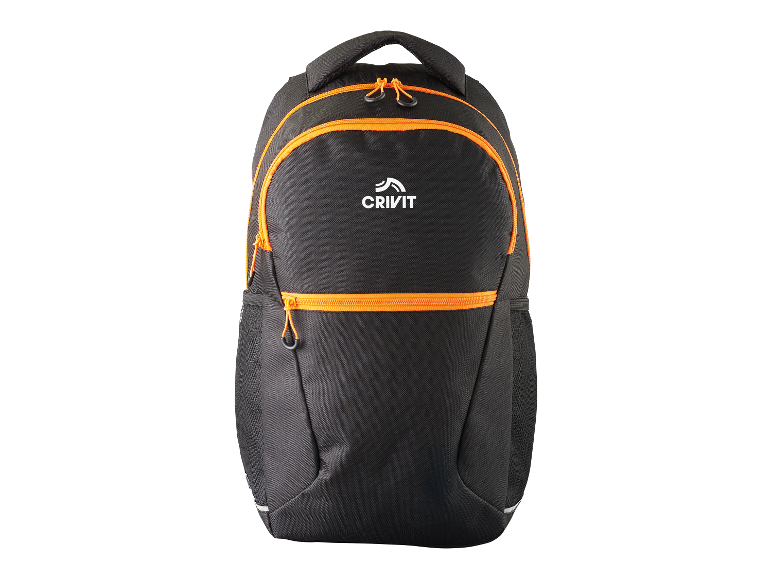 Zwarte Crivit rugzak met oranje details.
