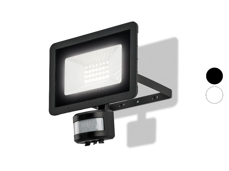 Zwarte LED-schijnwerper met bewegingssensor en kleurkeuzes wit en zwart.