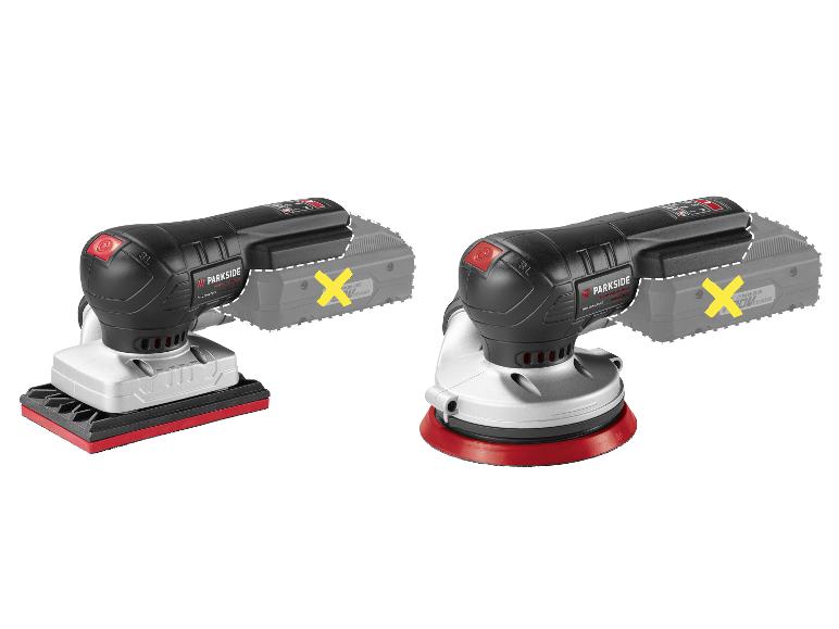 Twee Parkside Performance accuschuurmachines, een vlakschuurmachine en een excenterschuurmachine, zonder accu.