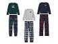 Drie sets pyjama's met lange mouwen: groen met 'NY State' print, grijs met 'NY' logo en donkerblauw met 'Lazy Day' tekst.