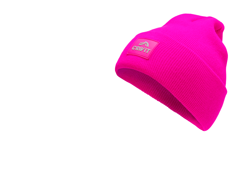 Felroze gebreide muts met een grijs vierkant logo-patch