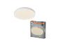 Witte ronde plafondlamp met warm licht en de verpakking ervan.