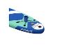Blauw en mintgroen SUP-board met peddelhouder en luchtventiel.