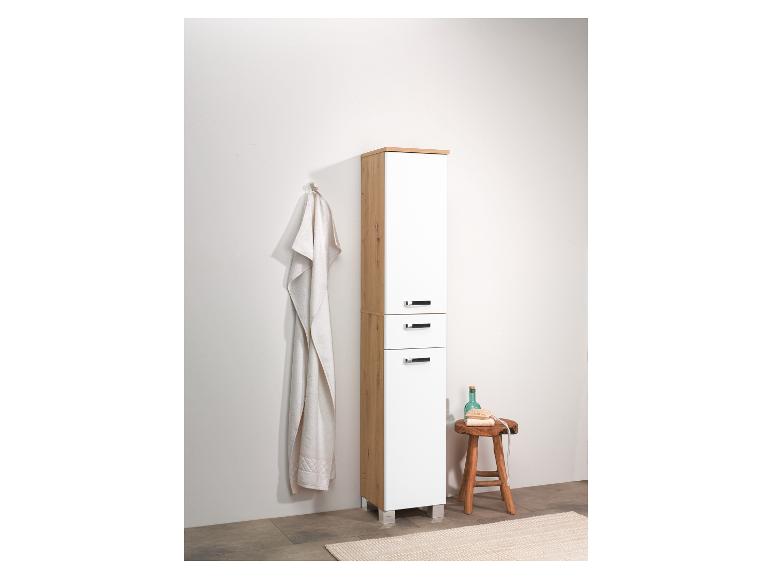 Witte badkamerkast van hout met lades en deur.