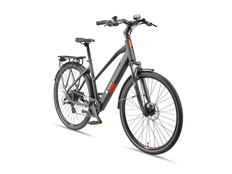 Grijze elektrische fiets met bagagedrager en spatborden.