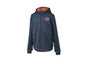 Een donkerblauwe softshell jas met een oranje rits en logo.