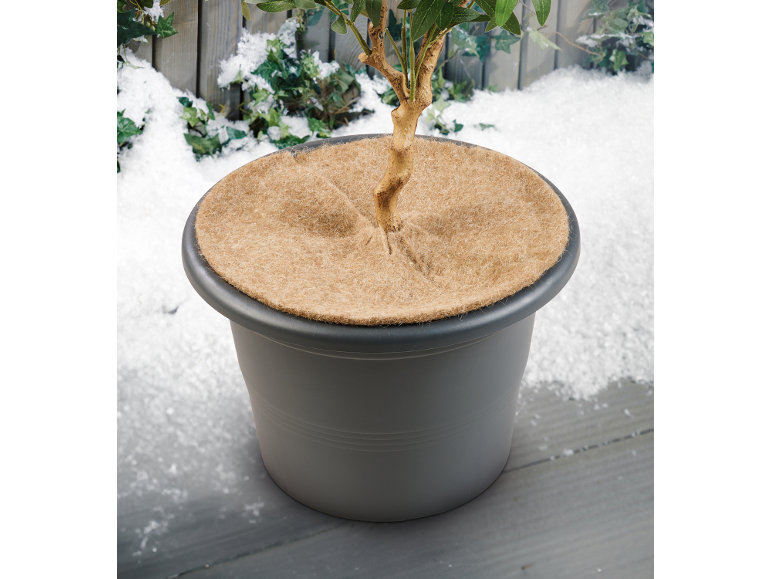 Bloempot met plant en kokosmat tegen een besneeuwde tuinachtergrond.