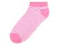 Roze sokken met witte strepen.