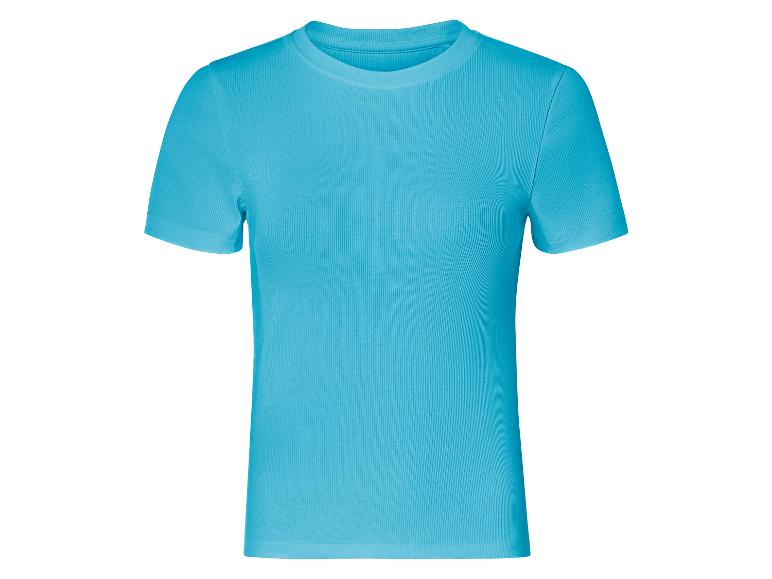 Turquoise t-shirt met korte mouwen, geribbelde stijl.