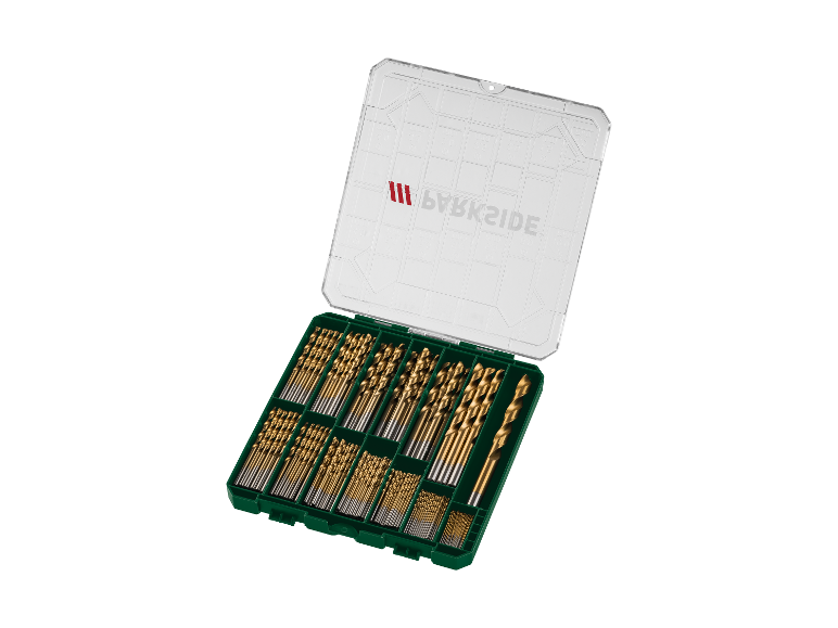 Parkside boorset in een plastic opbergdoos.