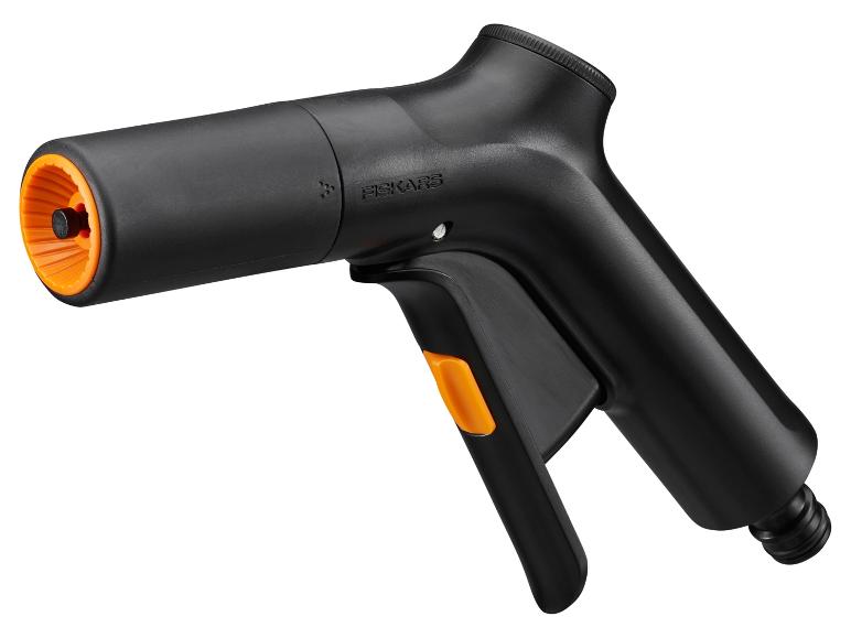 Zwart-oranje Fiskars spuitpistool.