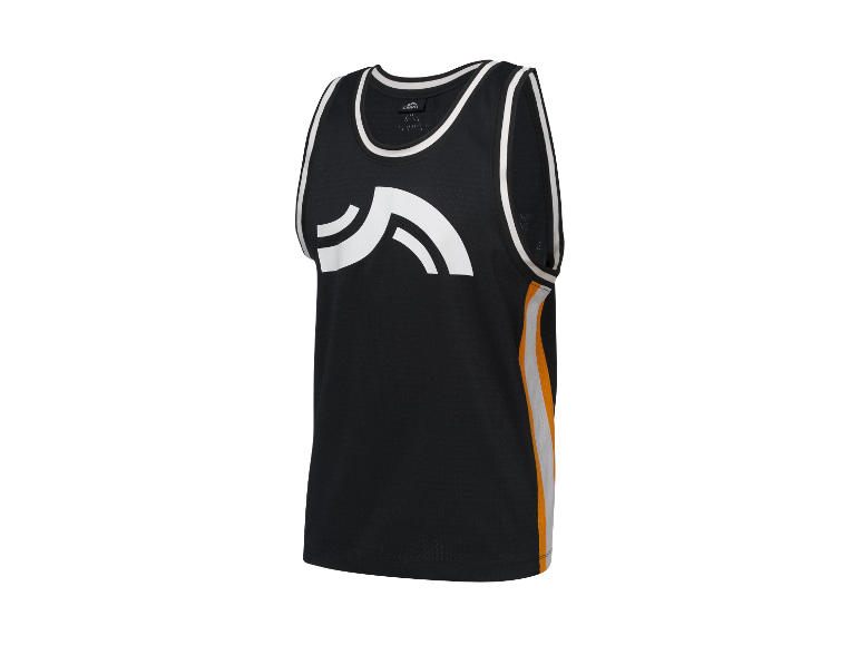 Zwart Crivit basketbaltanktop met witte en oranje details.