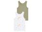 Twee tanktops voor jongens: één effen groen en één met een dino-print.