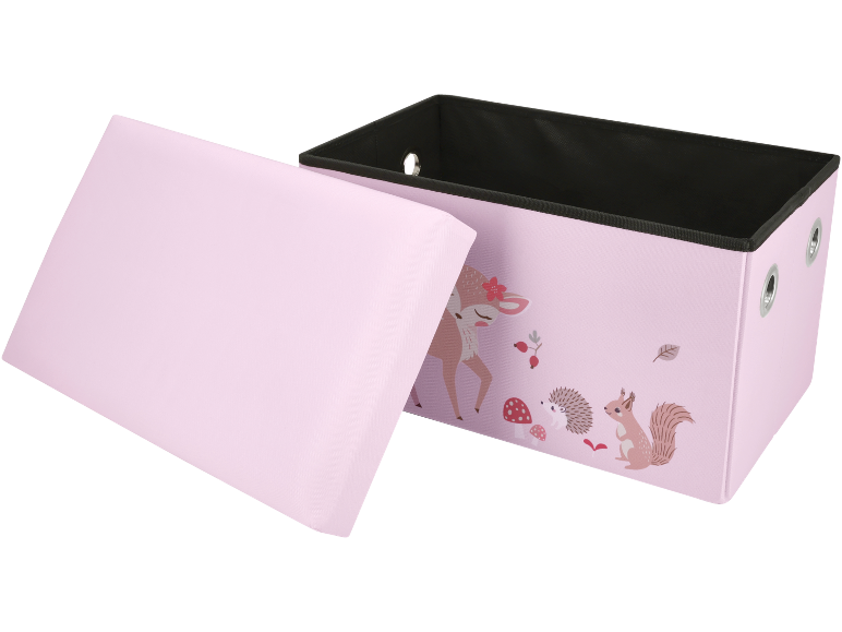Roze opbergdoos met deksel en een bosdierenpatroon.