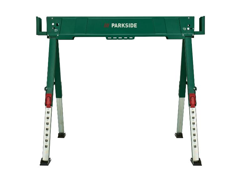 PARKSIDE groene zaagbok met verstelbare poten en rode vergrendelingsmechanismen.